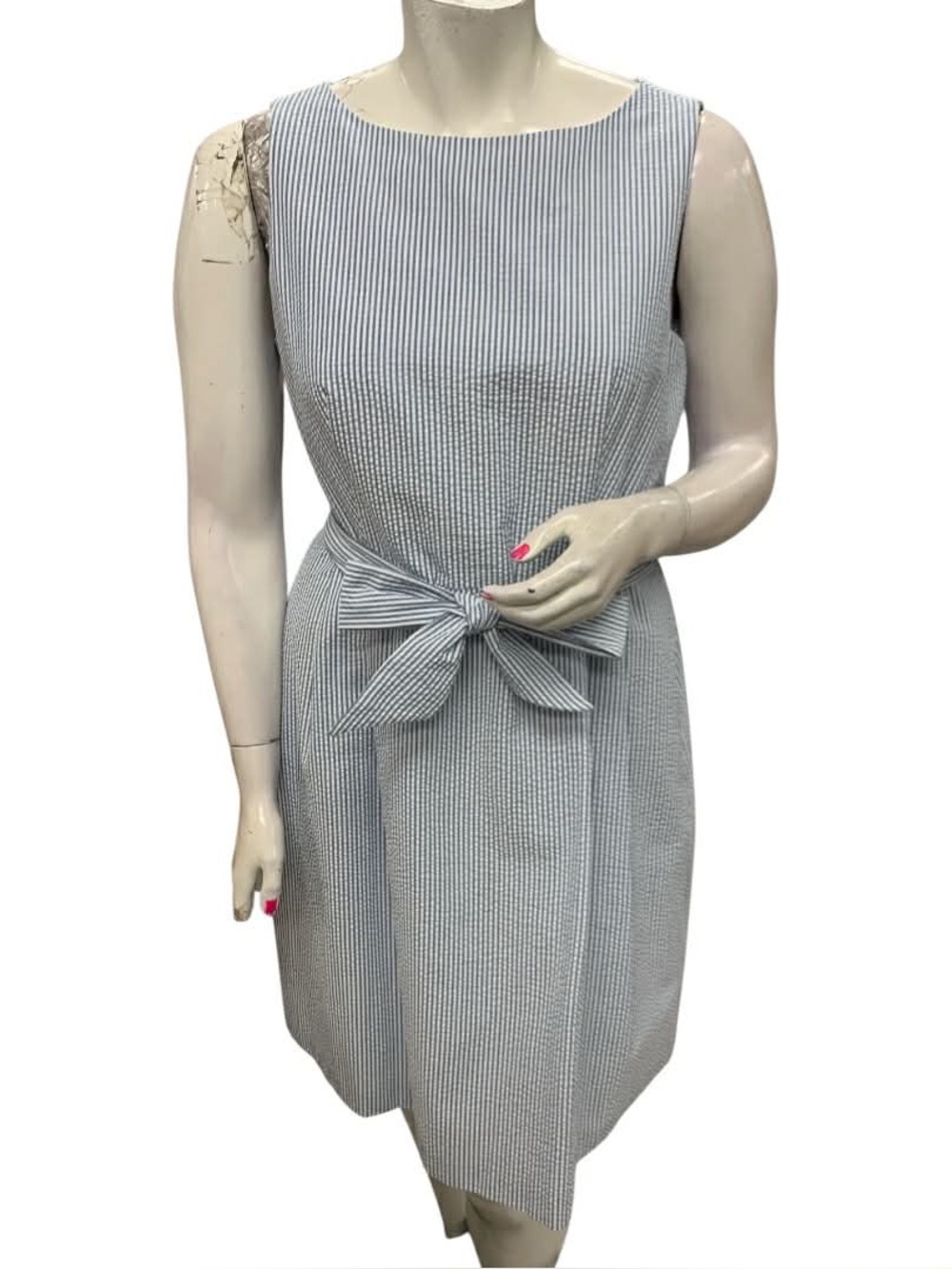 Anne Klein Light Blue and White Striped Sleeveless Tie-Waist Dress S14